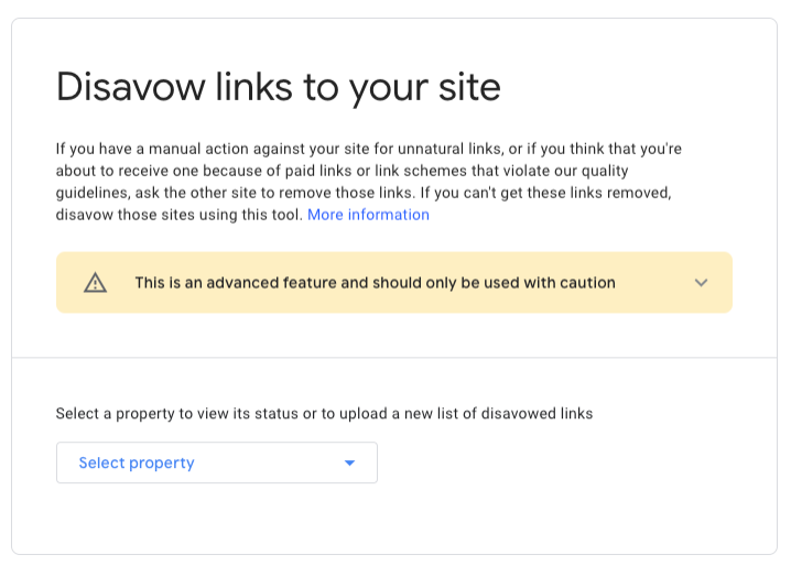 Screenshot of Google Search Console's Disavow Landing Page
